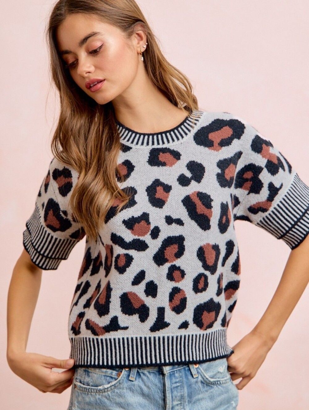 BiBi Leopard Print Short Sleeve Sweater Double Short Sleeves Size Medium
